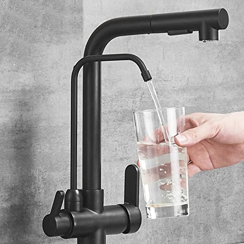 Grifo de cocina de 3 vías en latón negro con agua pura y rociador extraíble antienredos 6