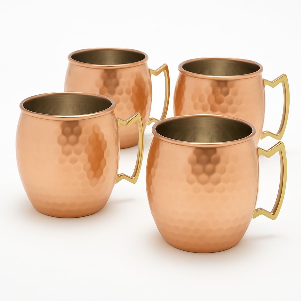 Hammered Copper Moscow Mule Mug with Nickel Lining – 16 oz Pure Copper Exterior – Classic Barrel Shape with Brass Handle – Drinkware for Cocktails, Beer, Water, and More (Set of 4)