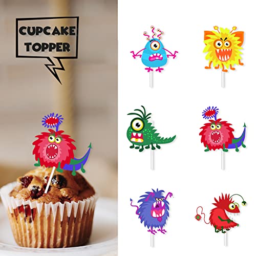 Colorful Glitter Monster Dessert Cupcake Topper Monster Cartoon Animal Theme Decor Supplies Baby Shower Boys Girls Happy Birthday Party Decorations Set 18Pcs #TOP1