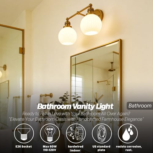 Image of 2-Lights Bathroom Light Fixtures, Vintage Milk White Glass | hardwired gold wall mounted lamp for bathroom mirror to elevate decor & refresh older home's look,DIY-friendly,UL,E26