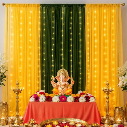 Image of SpecialYou Ganpati Decoration Setup for Home with Yellow & Green (7 *3.5ft) Curtains, Varalakshmi Pooja Decoration Items, Backdrop Cloth for Decorations Pooja, Mandir Decorations Items for Home- 7Pcs