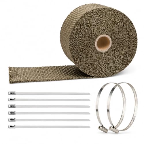 Image of 2 inch x 16 Ft Titanium Exhaust Heat Wrap Kit for Motorcycle Car - Fiberglass Header Wrap Heat Shield Tape with 6 Stainless Steel Ties & 2 Adjustable Clamps - Reduces Under-Hood Heat (50mm x 5m)