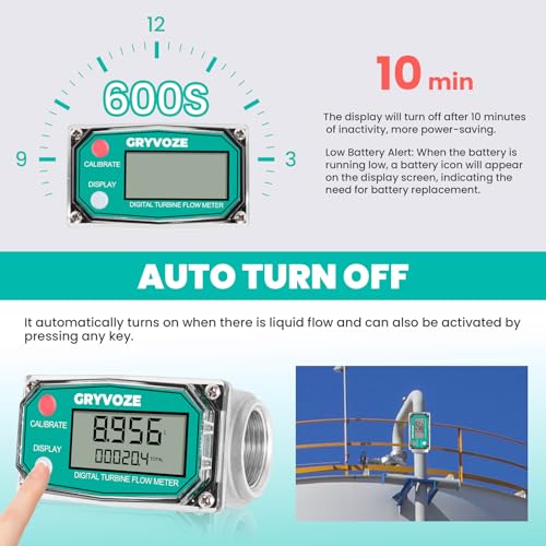 GRYVOZE 1 Inch Digital Turbine Fuel Flow Meter, 2.6-26 GPM Inline NPT Thread Flowmeter with 1 Inch NPT Male for Water, Diesel, Gas Oil, Gasoline, and Other Liquids - Supports Gallon, QTS, PTS, L, m³ - Thumbnail 4