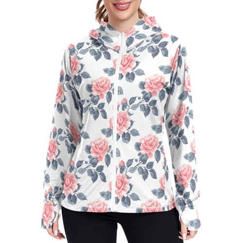 Womens Sun Protection Hoodie Jacket Lightweight Long Sleeve Zip Up Jackets for Women Clothing for Hiking Golf Cycling XXL Seamless Roses