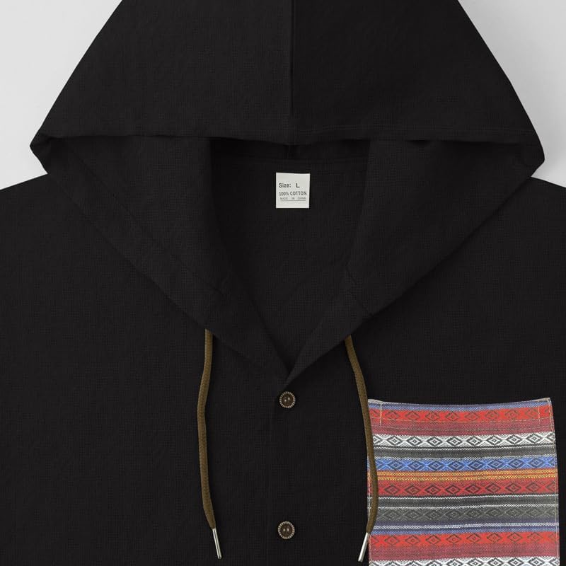 Men's Cotton-Linen Shirt - Long Sleeve Button-Up Hooded Shirt with Pockets Casual Wear for Vacations Daily Use - Image 4