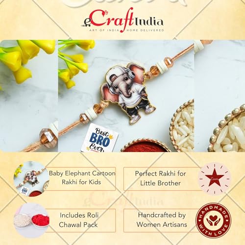 Image of eCraftIndia Cartoon Style Baby Elephant Rakhi for Kids Girls Boys with Best Bro Ever Fridge Magnet | Raksha Bandhan Kids Rakhi for Brother Bhaiya Bhai | Roli Chawal Pack