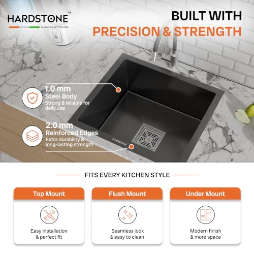 Image of HARDSTONE Premium Kitchen Sink | Single Bowl 16x18x9 Inch | Handmade Heavy Duty Stainless Steel Wash Basin with Matte Black Finish | Includes Waste Hose Pipe, Coupling & Compact Drying Rack | Black