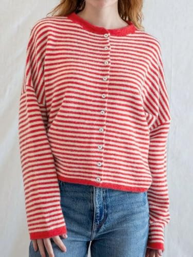 Women's Striped Cardigan Sweaters Long Sleeve Button Down Cropped Knit Lightweight Sweater2