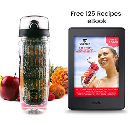 Image of Fruitalite Fruit Infuser Water Bottle- 1 Litre, Full Length Tritan Infusion Rod, Cover Sleeve, Infused Detox Water Recipes eBook, Cleaning Brush- BLACK
