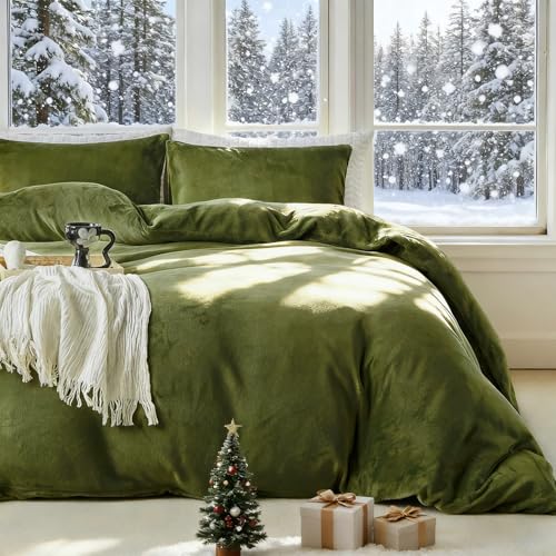 Image of WARMDERN Olive Green Velvet Duvet Cover Set Queen Size, Luxury Milk Velvet Bedding Duvet Cover with Zipper Closure, 3pcs Ultra Soft Duvet Covers for All Seasons, 90 inch x 90 inch, Olive Green