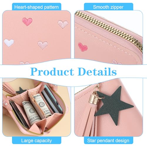 2 PCS Wallets for Girls, Small PU Leather Girls Wallets for Kids 6-8 with Zipper and Card Slots, Cute Credit Card Holder with Heart-embroidery Star Tassels Pendant for Kids Women (Blue, Pink)3