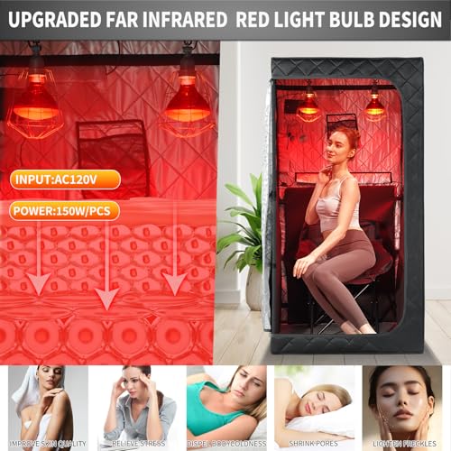 Image of Portable Personal Far Infrared Sauna Box for Home with 660nm Red Light Threapy Bulbs, Remote Control, Heating Foot Pad, Upgraded Comfortable Chair