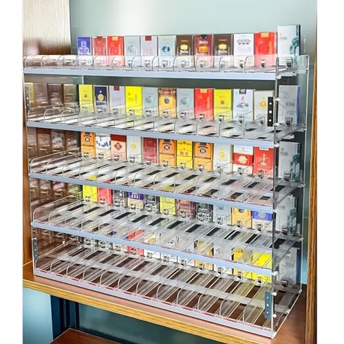 Expositor de Cigarrillos para Venta al por Menor estantes de exhibición Vitrina de acrílico para Mercado Estante montado en la Pared con empujador automático Estante Trapezoidal Transparente de 6