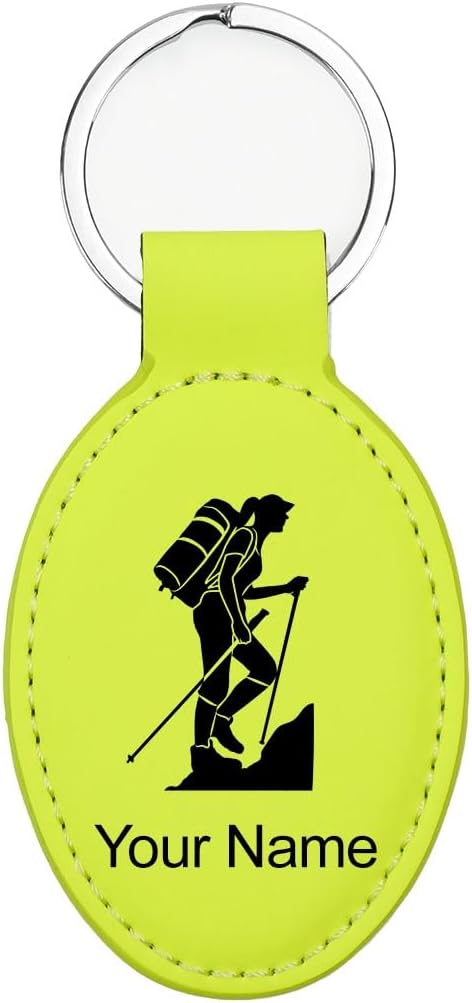 LaserGram Oval Keychain, Hiker Woman, Personalized Engraving Included