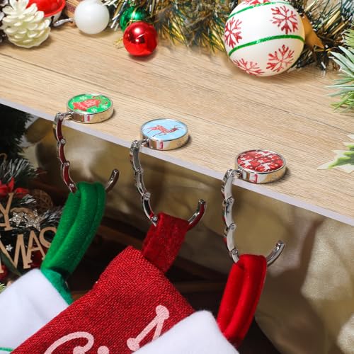COTOPHER Christmas Stocking Holders for Mantle Set of 3, Non-Slip Handbag Hook Holder Bag Hanger, Fireplace Stocking Hooks for Mantel Santa Claus Xmas Decoration Party Decor Silver Flat Weighted