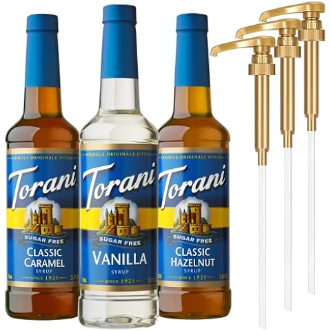 Torani Coffeehouse Variety Syrups - Sugar Free Vanilla, Classic Caramel, Classic Hazelnut Syrup with Little Squirt Syrup Pumps 25.4 Ounces Cover