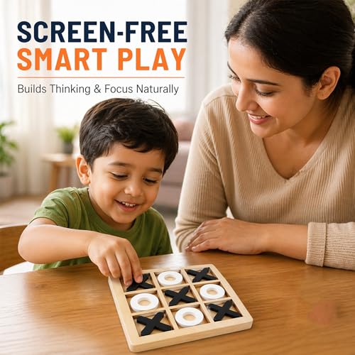 Image of Wudly Wooden Tic Tac Toe Game for Kids & Adults | Classic XOXO Strategy Board Game | Zero & Cross Brain Puzzle Travel Toy | Festival & Birthday Gift | 1 Piece | Random Color