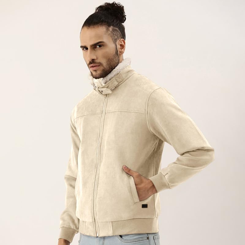 Image of CAHOOT Men's Front Zipper Jacket with Fleece for Casual Wear | Long Sleeve | High Neck | Zipper Closure | Suede Jacket Crafted with Comfort Fit for Everyday Wear