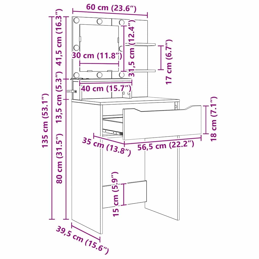 Tavolo da toeletta con specchio e illuminazione a LED, bianco, 80 x 39,6 x 135 cm, in legno con cassetto, vano portaoggetti e tappetino di ricarica wireless, per camera da letto, cameretta