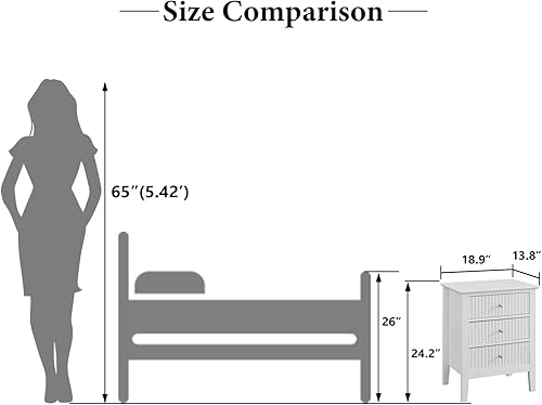 Miniatura 3 de OCANDO Mesa auxiliar de cama blanca con 3 cajones de 19 pulgadas de ancho, mesita de noche para dormitorio de 24 pulgadas de alto, mesita de noche
