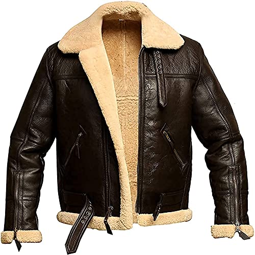 xHxttL RAF Aviator Bomber Chaqueta de Cuero sintético Sherpa con Cremallera Gabardina de Talla Grande de Peso Pesado Chaqueta de Gamuza de Invierno con Cuello extendido Cover