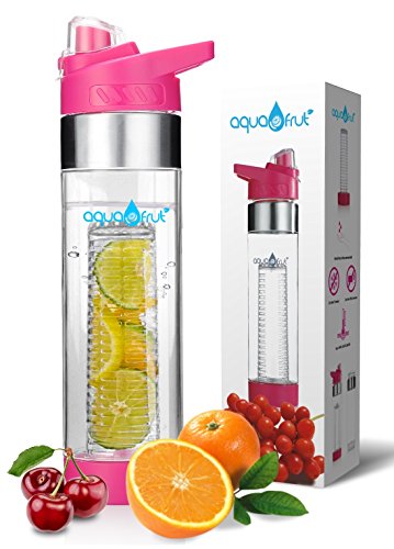 AquaFrut Bottom Loading Fruit Infuser Water Bottle - BPA Free Tritan Plastic - Leak Proof - 24 OZ - Infusion Recipe eBook Included (Dark Pink)