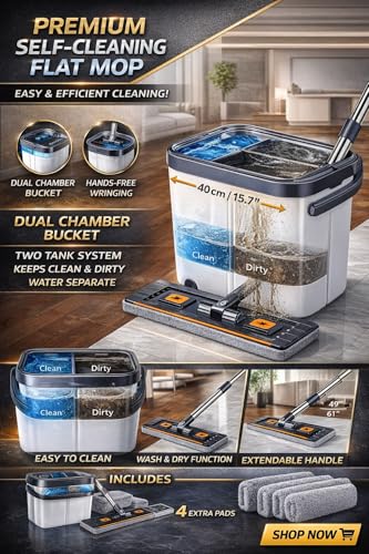 Image of MechHeaven's Flat Mop and Bucket Set with Ultra-Fine Fiber, Magic Metal Handle, Self-Wringing System, Dust-Proof Design for Floor Cleaning, Reusable