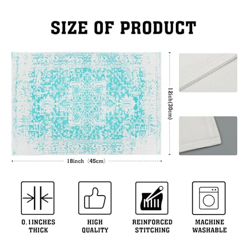 Image of Gray Aqua Turquoise Boho Placemats Set of 6 Ethnic Bohemian Carpet Place Mats Washable Kitchen Dining Vintage Grey Floral Linen Table Mats Stain Heat-Resistant for Home Party Indoor 12x18 in