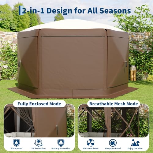 GarveeLife 11.5x11.5FT 6-Sided Pop Up Gazebo Tent,One-Push Setup Canopy Tent with Mesh Panels & Removable Wind Cloths, Outdoor shelter for Camping, Backyard Parties, Outdoor Events - Beige & Khaki