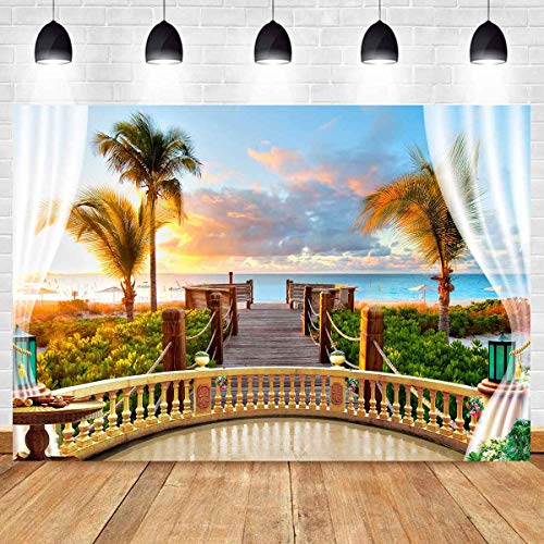 Seaside Scenery Backdrop For Party Supplies Meetsioy 10X7Ft Wooden Bridge Railing Plant Sunset Sea Background For Wedding Photography Ocean Theme Party Studio Props Background Huimt072 #TOP1