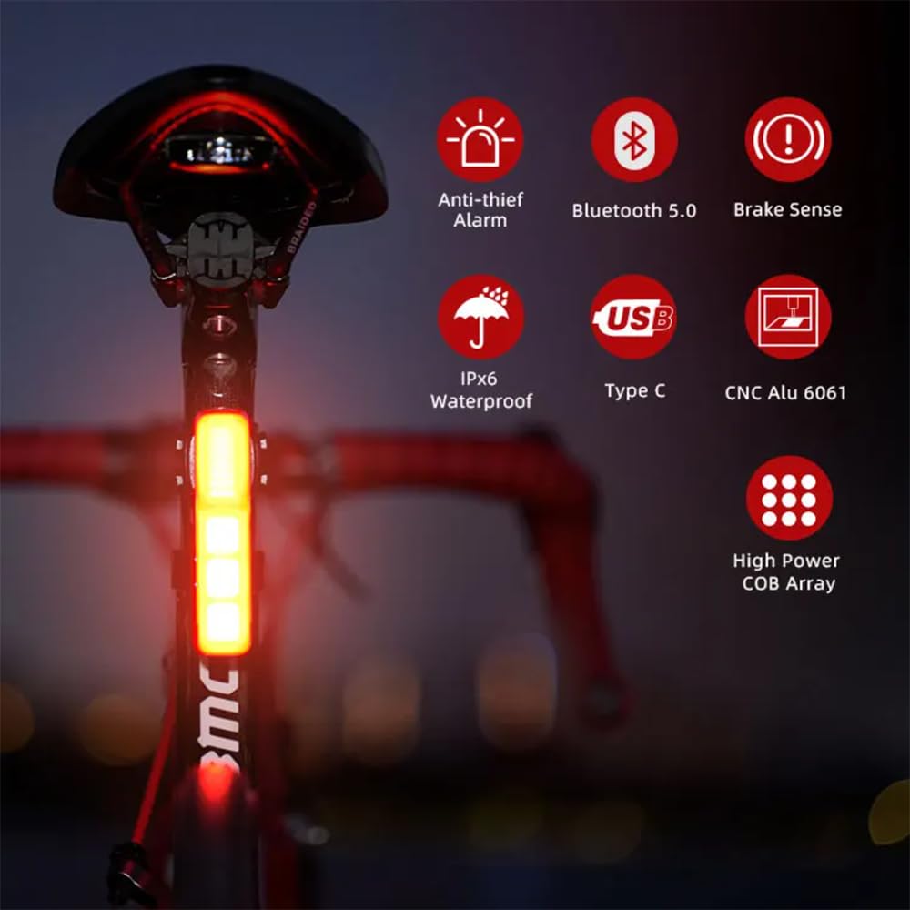 Luz Trasera Inteligente con Alarma De Ladrón Luz Trasera De Bicicleta Carga USB LED Luz De Advertencia Nocturna Bluetooth Alarma Antirrobo