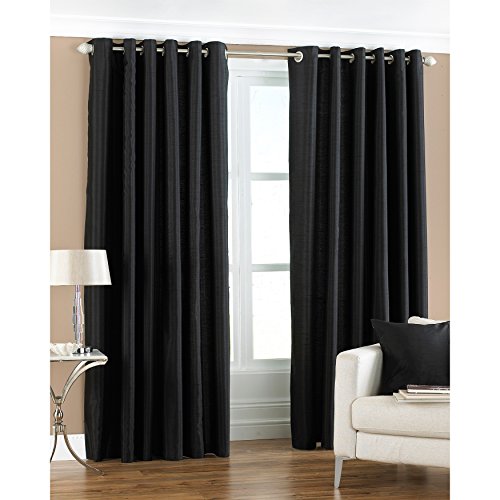 Riva Paoletti Fiji Ringtop Eyelet Curtains (Pair) - Black - Faux Silk - Ready Made - Semi Sheer - 100% Polyester - 229cm width x 229cm drop (90 x 90 inches) - Designed in the UK