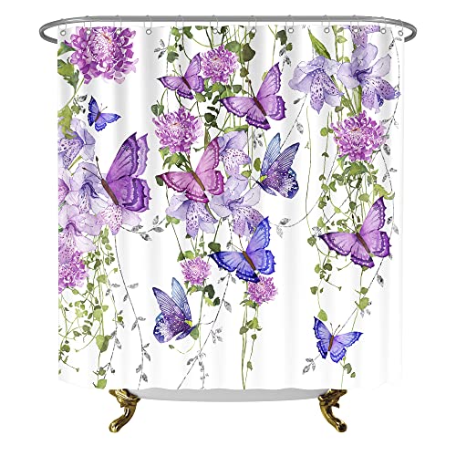 Chiinvent Purple Butterfly Shower Curtains For Bathroom, Summer Spring Shower Curtain Butterflies Rustic Floral Shower Curtain With 12 Hooks, Machine Washable Waterproof Fabric, 72X72 Inches #TOP3