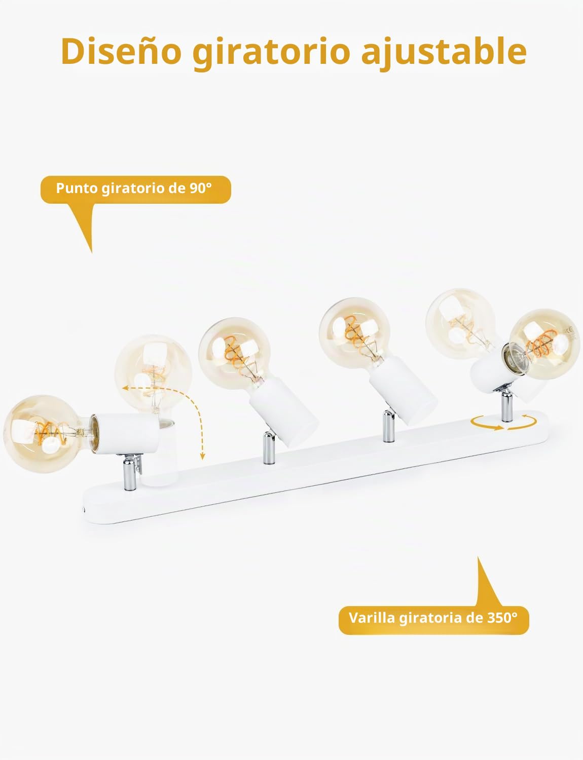 KYOTECH Lámpara de Techo con 4 Focos Blanco, Plafón LED Techo E27 Ajustables y Giratorios, Retro Aplique Pared Bombilla E27 para Interiores Dormitorio Sala Cocina Corredor, Max. 60W, Sin Bombilla