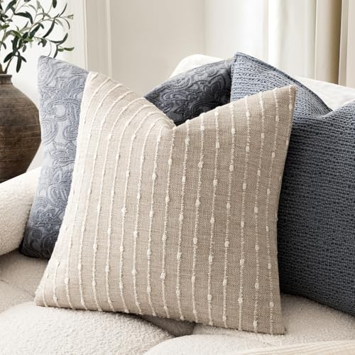 Image of Foindtower Pack of 2 Decorative Jacquard Boucle Throw Pillow Covers Accent Textured Striped Pillowcases Soft Boho Modern Cushion for Couch Sofa Bedroom Living Room Home Decor 20x20 Inch Natural Beige