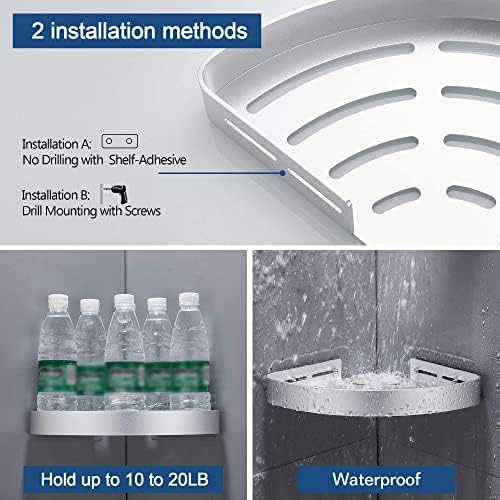 GERUIKE Shower Shelf, Rustproof Shower Corner Shelf, Sliver Corner Shower Caddy, Bath Shower Organiser, Basket Shelves,No Drill Adhesive, Aluminum, Wall Mounted, 2 Packs