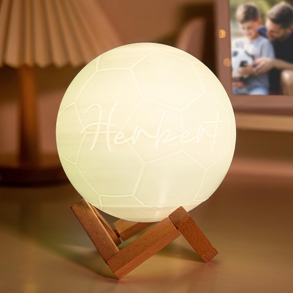 16 Colors Custom Name 3D Soccer Touch Night Light with Remote Control and Wooden Base Football Table Lamp Gifts for Kids,Dad,Men,Girls,Teen Personalized Soccer Led Night Lights for Kids Room Decor