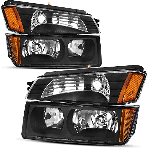 Image of oEdRo Headlight Assembly Compatible with 2002 2003 2004 2005 2006 Chevy Avalanche 1500 /2500 Pickup with Body Cladding, Black Housing Amber Reflectors and Bumper Lights (Driver & Passenger Side)