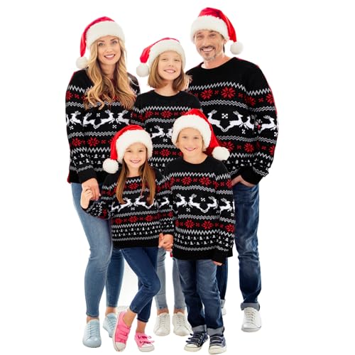 Xaatren Matching Family Christmas Sweaters Ugly Knit Pullover Cute Long Sleeve Crew Neck Xmas Holiday Jumper with Hat (Large,Black Elk,Kid)