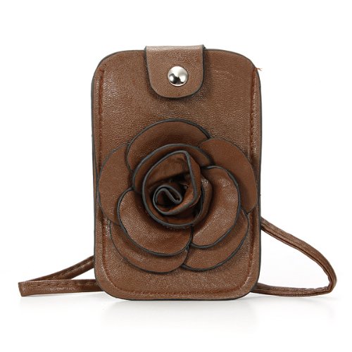 Lady Cute Camellia Cell Phone Key Coin Purse Handbag Card Case Bag Flower Pouch Brown