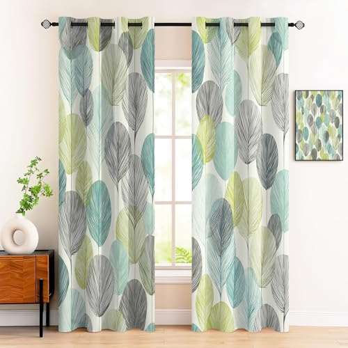 Rideaux opaque à oeillets vert olive thermique motif feuilles géométriques 2 pièces