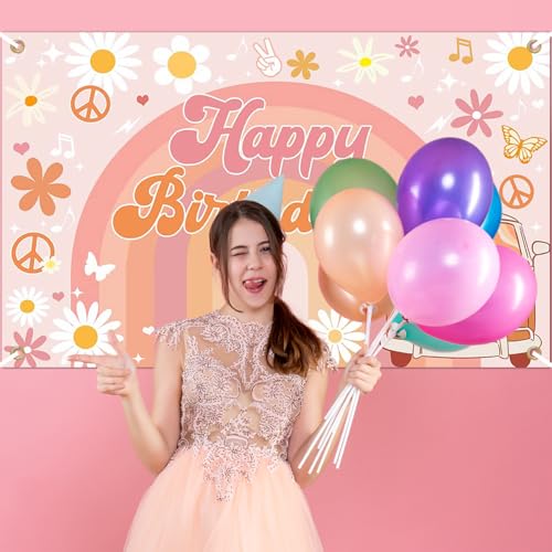 Image of Avezano Groovy Birthday Banner for Retro Hippie Birthday Party Decorations Girls Daisy Flower Boho Rainbow Theme Photoshoot Backdrops 70.8 x 43.3 Inch