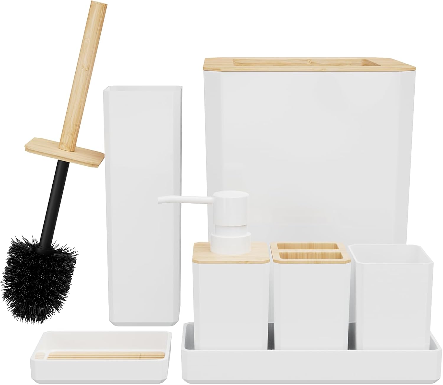 GIVINGTREE Bamboo Bathroom Accessory Set, 7 Pieces Bath Set- Soap Dish Vanity Tray Toothbrush Holder Rinse Cup Lotion Bottle Trash Can Toilet Brush - Practical Toilet Kit for Home Washing Room (white)