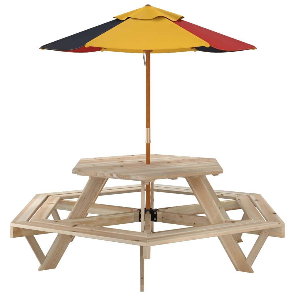 Tavolo da picnic per 6 bambini, con ombrello, esagonale, in legno massello di abete