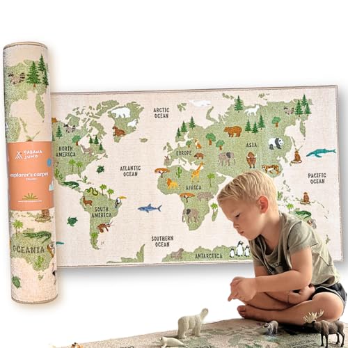 Image of Kids Carpet 59 x 31 in World Map Carpet with Animals, Continents and Oceans, Kids Rug, Kids Bedroom Rug, Soft, Thick and Non-Slip