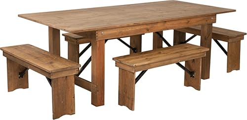 Flash Furniture HERCULES Series - Juego de mesa de granja plegable rústica antigua de 7 x 40 pulgadas y cuatro bancos