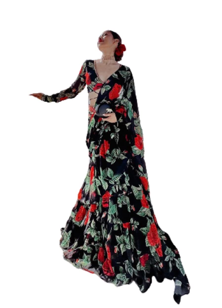 infabzonWomens Saree Bollywood Style Faux Georgette With Digital Print With Sequance & Fancy Ruffle Work