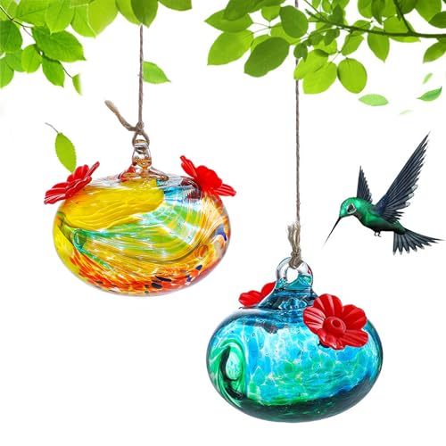 Pack 2 Blown Glass Hummingbird Feeders for Outdoors 3inch Small Glass Humming Bird Feeder for Window Hanging Ant and Bee Proof Humming Birds Feeders Decor for Garden Outside