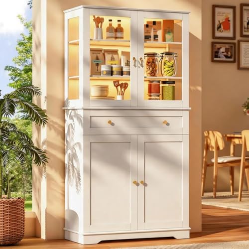 Wumagin Mueble Cocina Iluminación LED RGB 7 Colores Dinámicos Control Remoto, Aparador Alto Estantes Ajustables Tiradores Metal, Vitrina 6 Niveles Almacenamiento, Salón Comedor, 40x80x180cm, Blanco