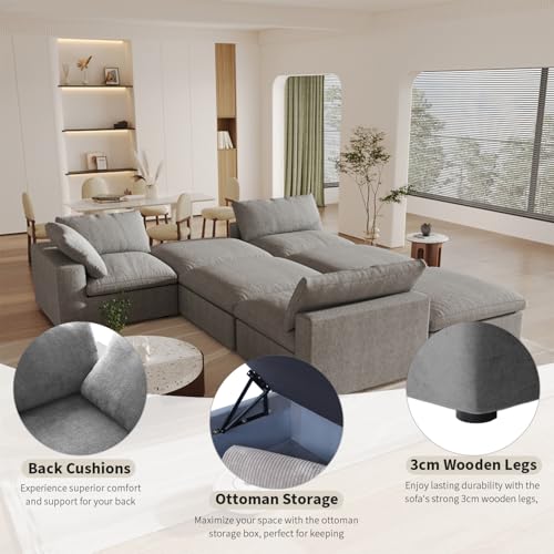Cloud Modular Sectional Sofa,160" Oversized U Shaped Sofa Couch with Storage Ottoman,8 Seater Sofa Wide Deep Seat Couches,Sofa Covers Washable&Replaceable,Grey